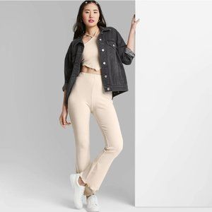 Women's High-Waisted Ribbed Lettuce Edge Flare Pants - Wild Fable Cream L NWT 2